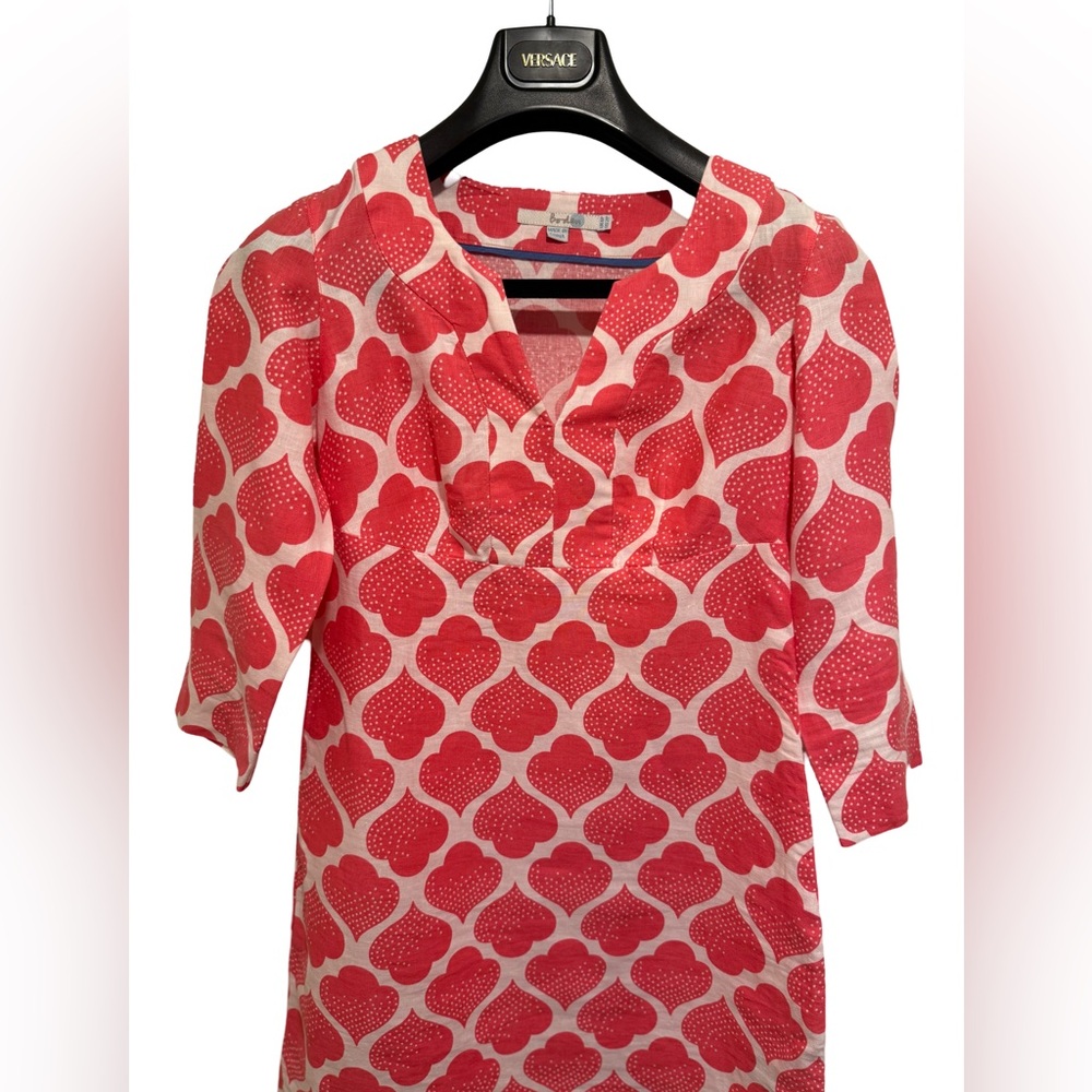 Boden EUC Size 2P Pretty Coral & White 3/4 Length Linen Mini Dress (0554) - Picture 6 of 14